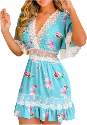 Ceboyel Womens Boho Floral Summer Dress Lace Trim Casual Beach Dresses V Neck Ruffle Swing Short Dress Ladies Clothes 2023