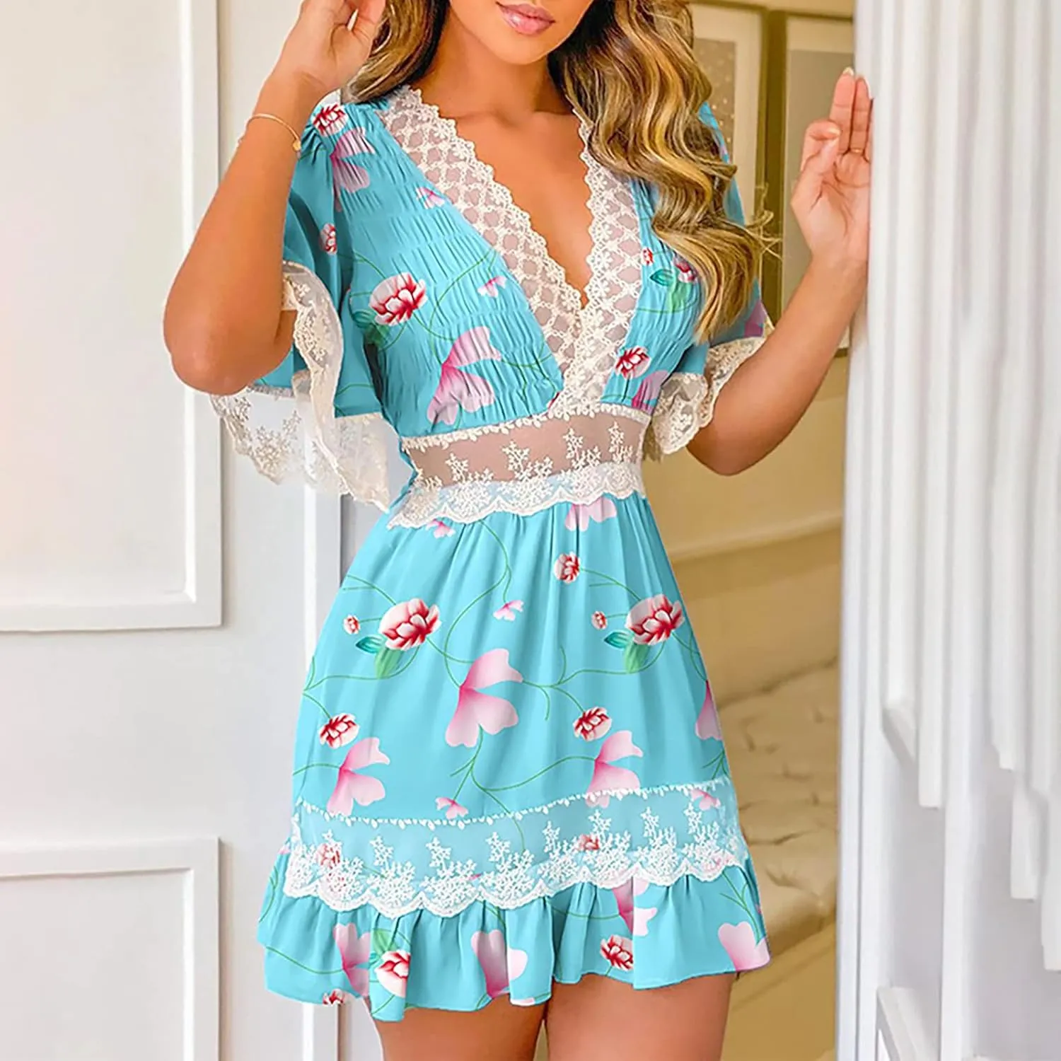 Ceboyel Womens Boho Floral Summer Dress Lace Trim Casual Beach Dresses V Neck Ruffle Swing Short Dress Ladies Clothes 2023