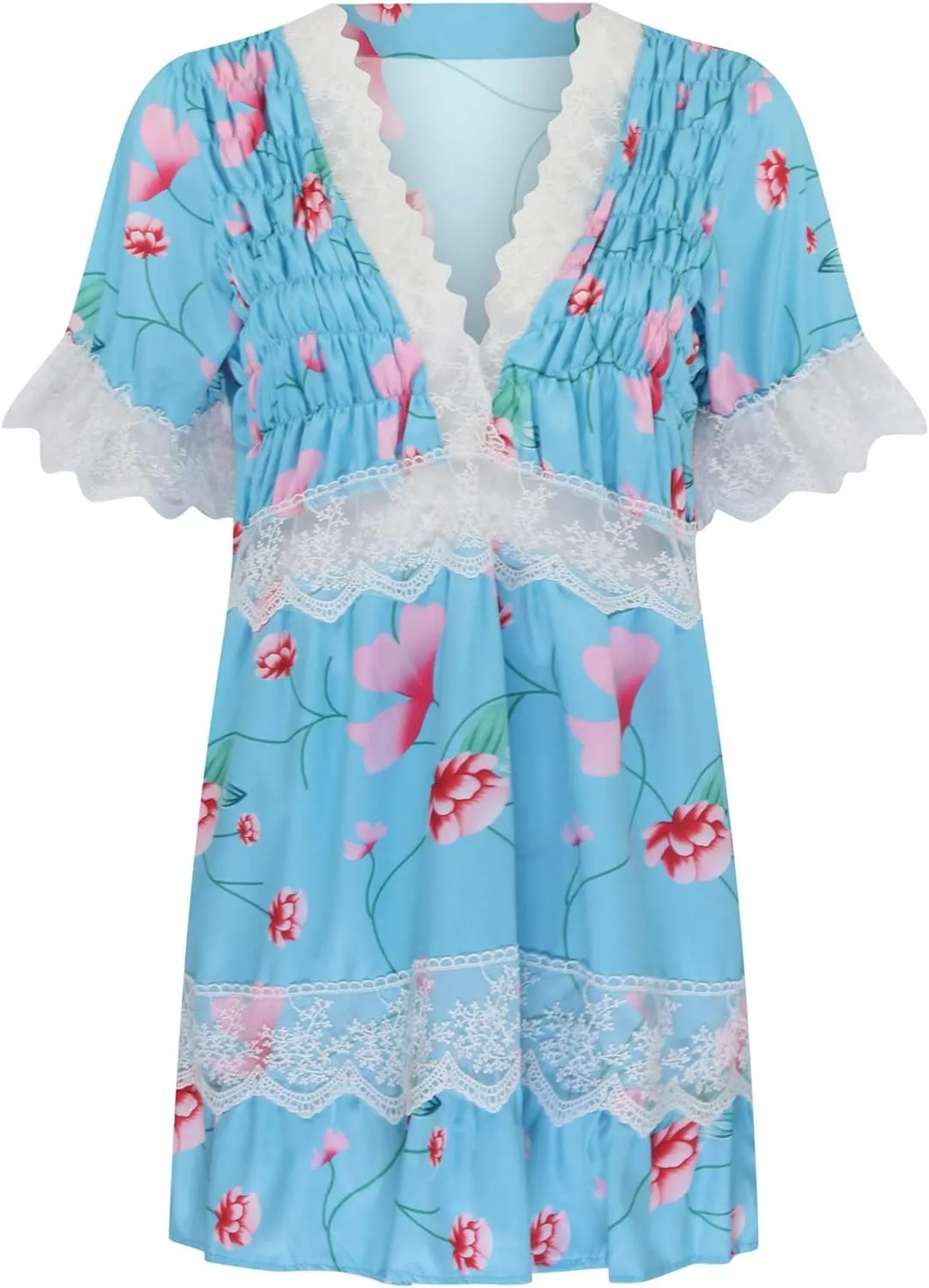 Ceboyel Womens Boho Floral Summer Dress Lace Trim Casual Beach Dresses V Neck Ruffle Swing Short Dress Ladies Clothes 2023