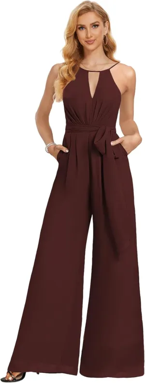 Chiffon Bridesmaid Jumpsuits for Wedding Halter Formal Dress with Pockets Wide Leg Long Pants