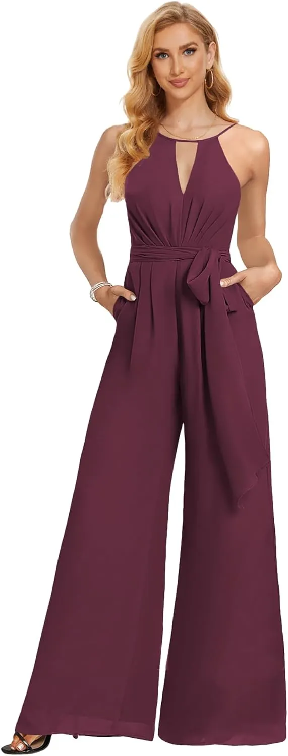 Chiffon Long Jumpsuits for Women Halter Formal Rompers with Pockets Belt Wide Leg Pants One Piece Outfits
