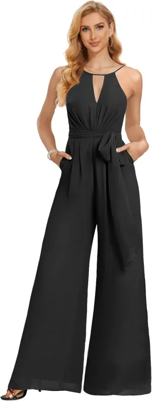 Chiffon Long Jumpsuits for Women Halter Formal Rompers with Pockets Belt Wide Leg Pants One Piece Outfits