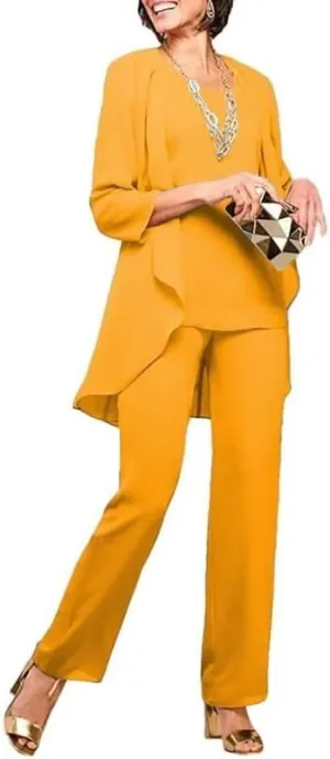 Chiffon Mother of The Bride Pant Suits for Wedding 3 Pieces Wedding Guest Outfits for Women with Jacket
