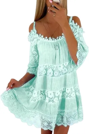 chouyatou Women's 2025 Eyelet Lace Embroidery Ruffle Dress Sexy Spaghetti Strap Cold Shoulder Party Sun Mini Dress