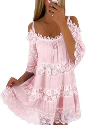 chouyatou Women's 2025 Eyelet Lace Embroidery Ruffle Dress Sexy Spaghetti Strap Cold Shoulder Party Sun Mini Dress