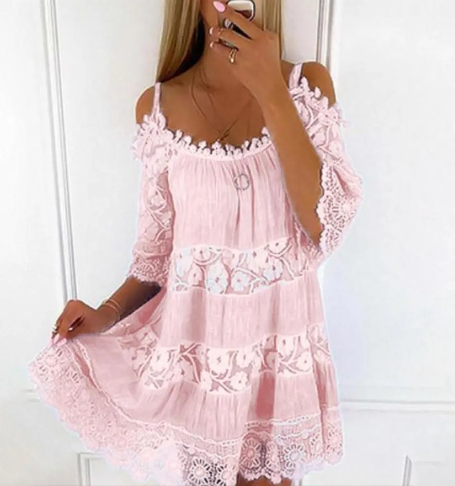 chouyatou Women's 2025 Eyelet Lace Embroidery Ruffle Dress Sexy Spaghetti Strap Cold Shoulder Party Sun Mini Dress