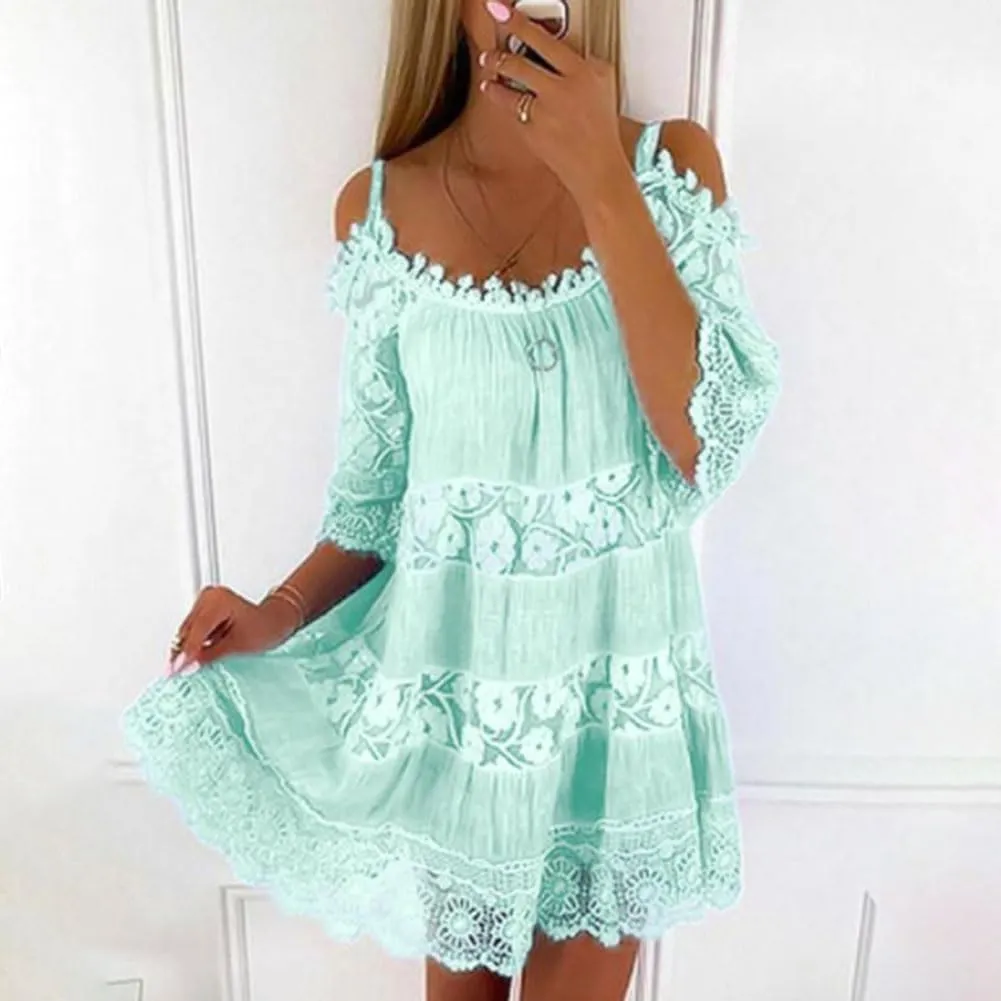 chouyatou Women's 2025 Eyelet Lace Embroidery Ruffle Dress Sexy Spaghetti Strap Cold Shoulder Party Sun Mini Dress