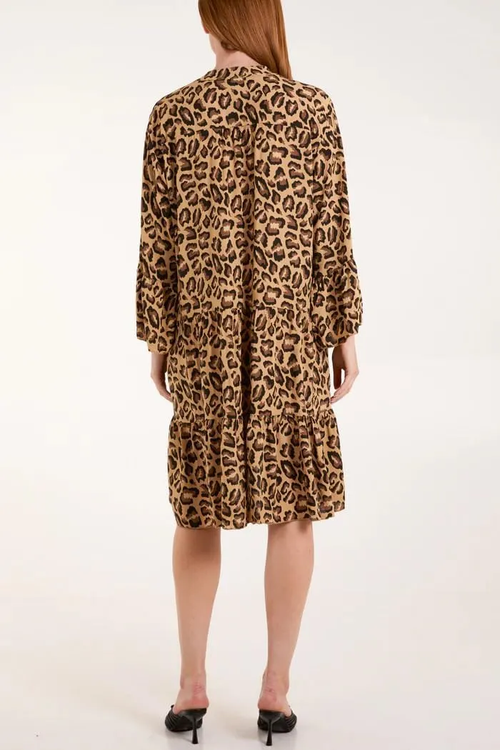 chouyatou Women's Boho Leopard Print Ruffle Hem Midi Dress Bell Long Sleeve Babydoll Tunic Short Dress