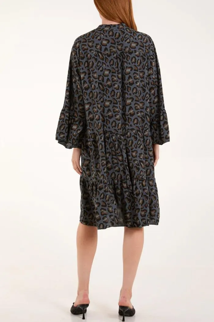 chouyatou Women's Boho Leopard Print Ruffle Hem Midi Dress Bell Long Sleeve Babydoll Tunic Short Dress
