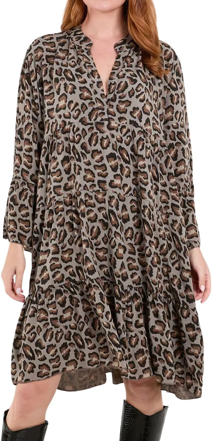 chouyatou Women's Boho Leopard Print Ruffle Hem Midi Dress Bell Long Sleeve Babydoll Tunic Short Dress