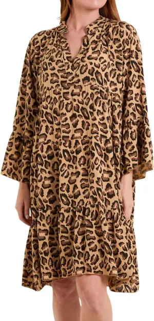 chouyatou Women's Boho Leopard Print Ruffle Hem Midi Dress Bell Long Sleeve Babydoll Tunic Short Dress