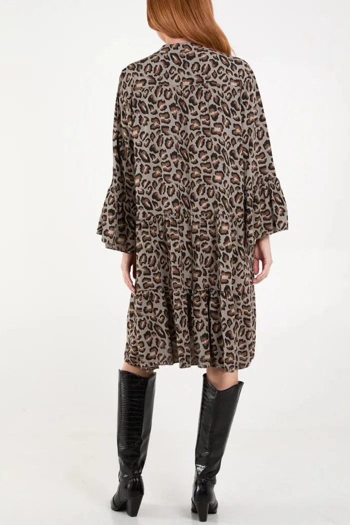 chouyatou Women's Boho Leopard Print Ruffle Hem Midi Dress Bell Long Sleeve Babydoll Tunic Short Dress