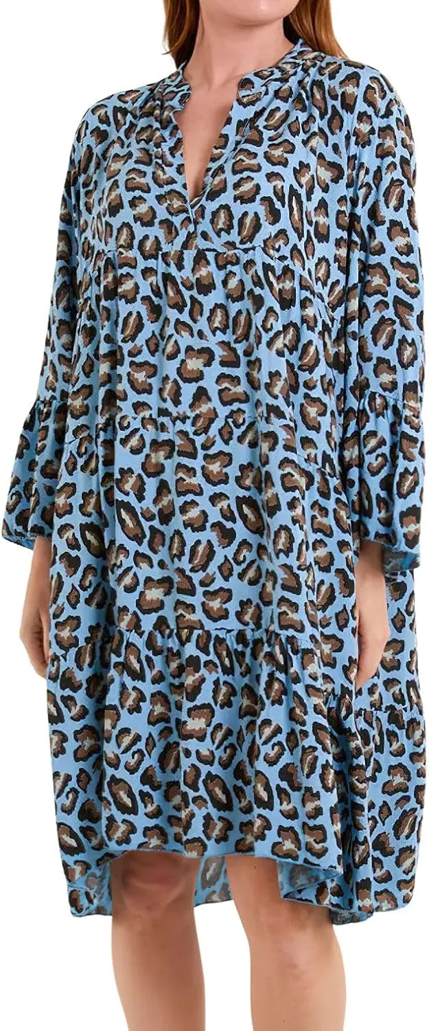 chouyatou Women's Boho Leopard Print Ruffle Hem Midi Dress Bell Long Sleeve Babydoll Tunic Short Dress