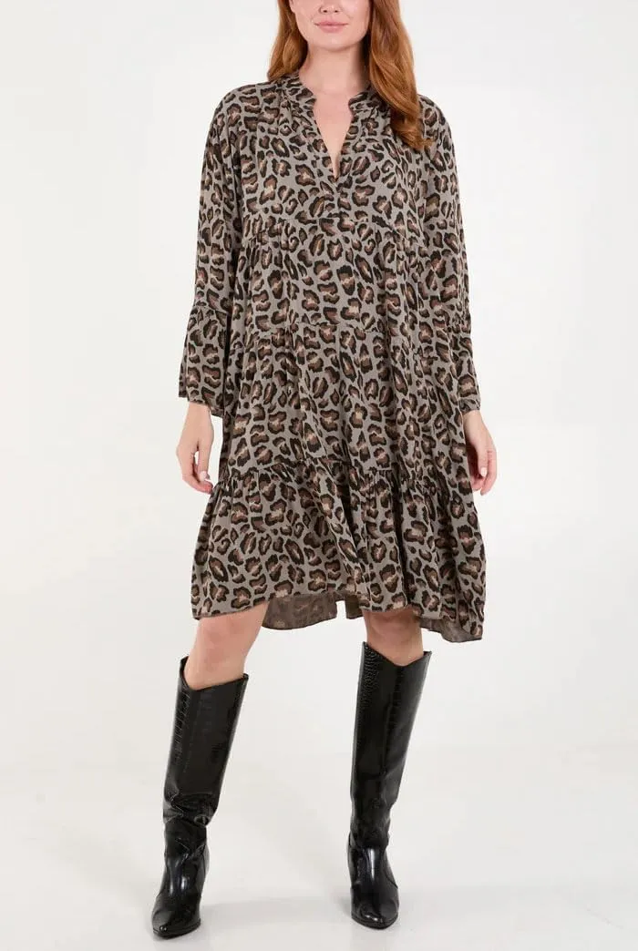 chouyatou Women's Boho Leopard Print Ruffle Hem Midi Dress Bell Long Sleeve Babydoll Tunic Short Dress