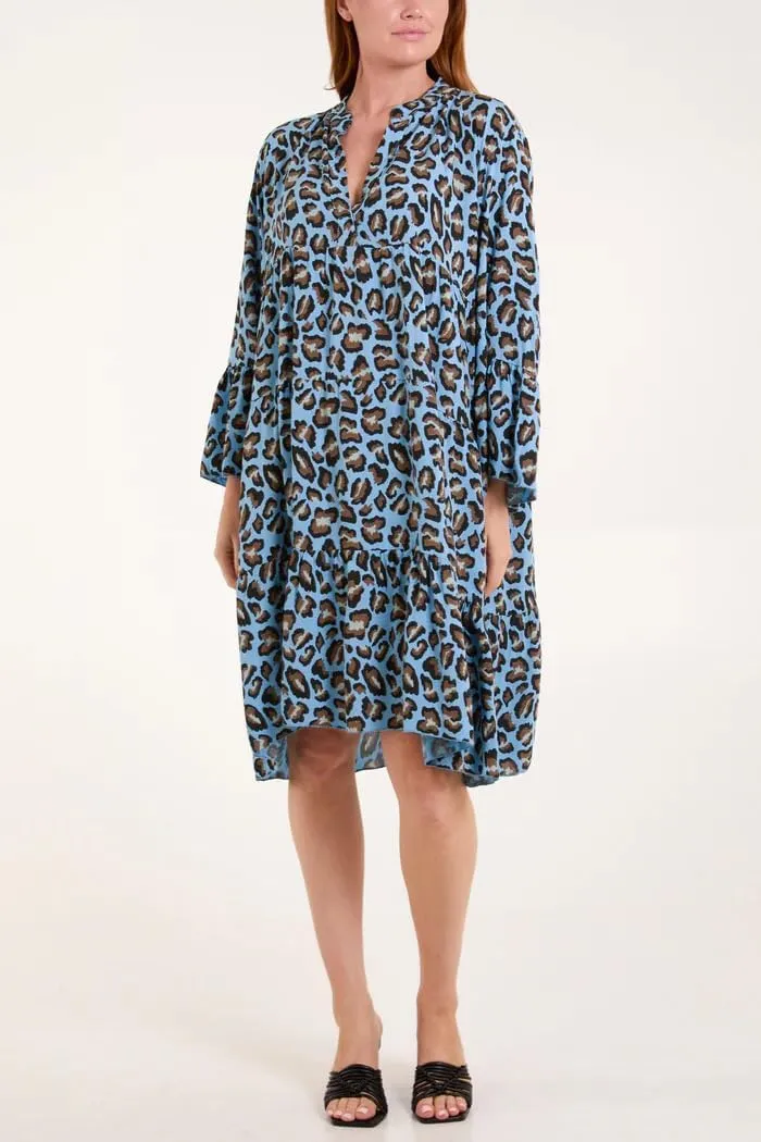 chouyatou Women's Boho Leopard Print Ruffle Hem Midi Dress Bell Long Sleeve Babydoll Tunic Short Dress