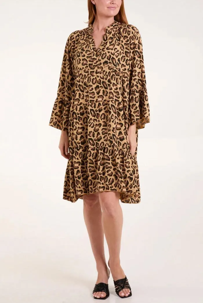 chouyatou Women's Boho Leopard Print Ruffle Hem Midi Dress Bell Long Sleeve Babydoll Tunic Short Dress