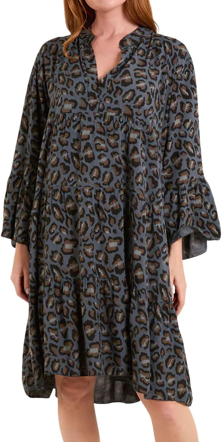 chouyatou Women's Boho Leopard Print Ruffle Hem Midi Dress Bell Long Sleeve Babydoll Tunic Short Dress