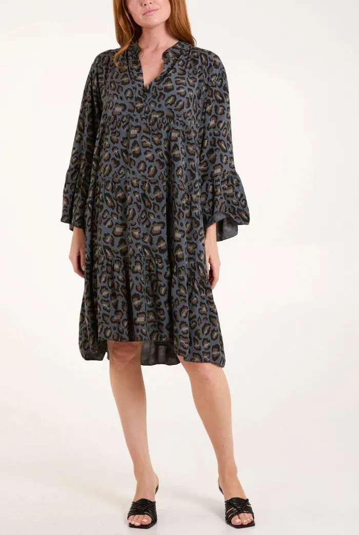 chouyatou Women's Boho Leopard Print Ruffle Hem Midi Dress Bell Long Sleeve Babydoll Tunic Short Dress