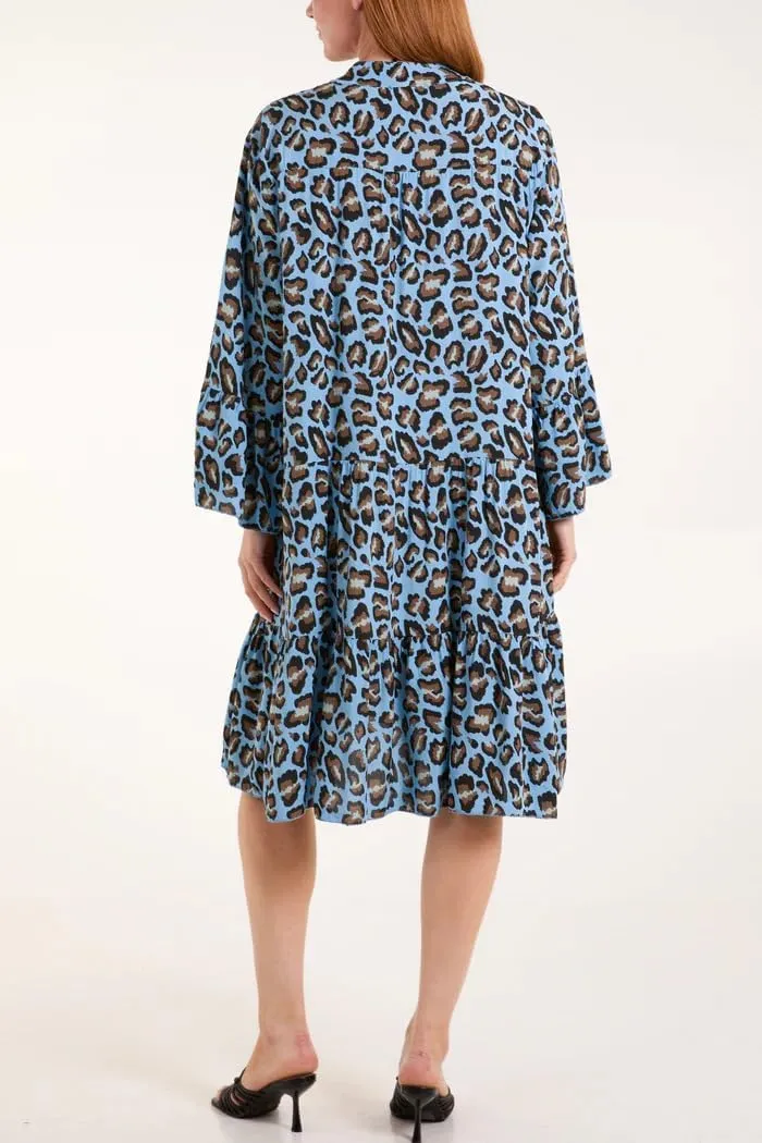 chouyatou Women's Boho Leopard Print Ruffle Hem Midi Dress Bell Long Sleeve Babydoll Tunic Short Dress