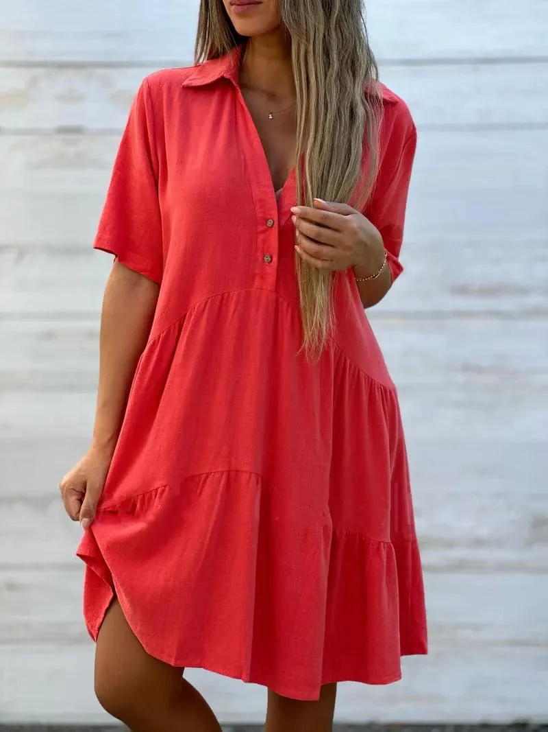chouyatou Women's Button Up Polo Collared Cotton Linen Loose Dress Short Sleeve Ruffle Babydoll Tunic Mini Dress
