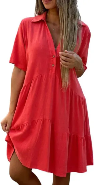 chouyatou Women's Button Up Polo Collared Cotton Linen Loose Dress Short Sleeve Ruffle Babydoll Tunic Mini Dress