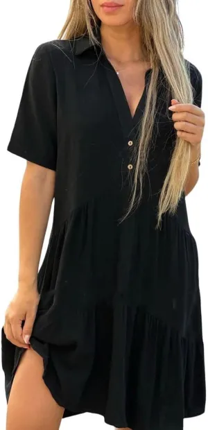chouyatou Women's Button Up Polo Collared Cotton Linen Loose Dress Short Sleeve Ruffle Babydoll Tunic Mini Dress
