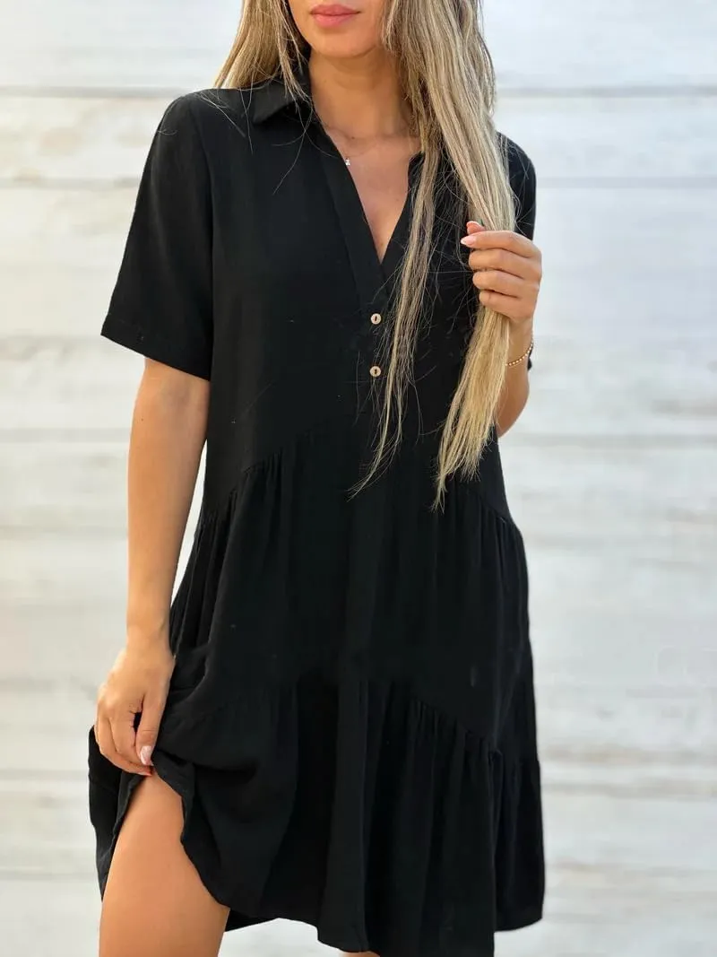 chouyatou Women's Button Up Polo Collared Cotton Linen Loose Dress Short Sleeve Ruffle Babydoll Tunic Mini Dress