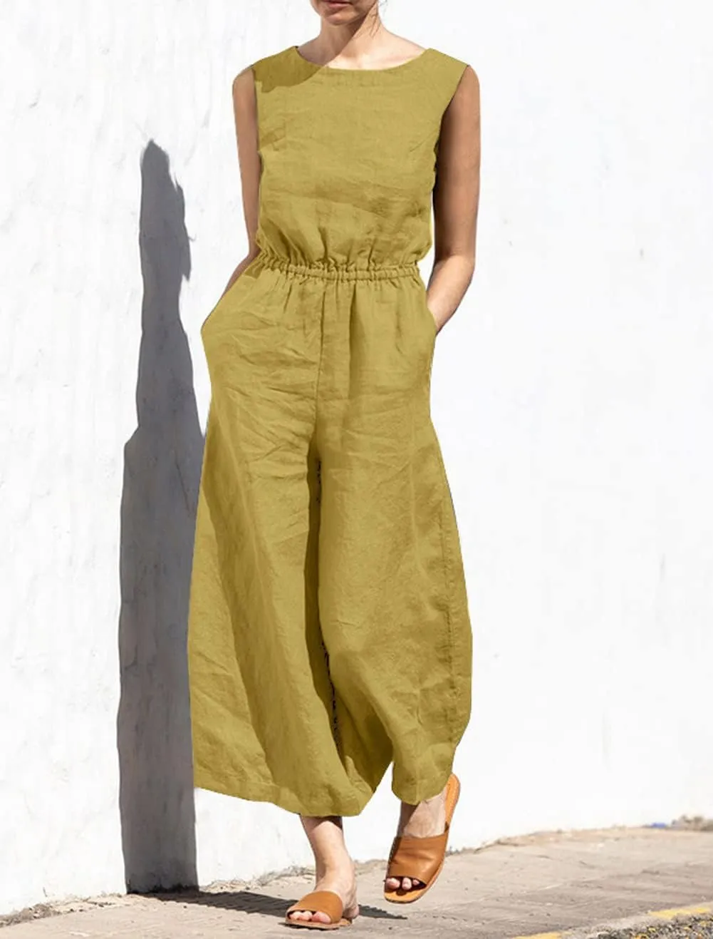 chouyatou Women's Elegant Sleeveless Linen Jumpsuits Casual Wide Leg Jumpsuit Pants Romper
