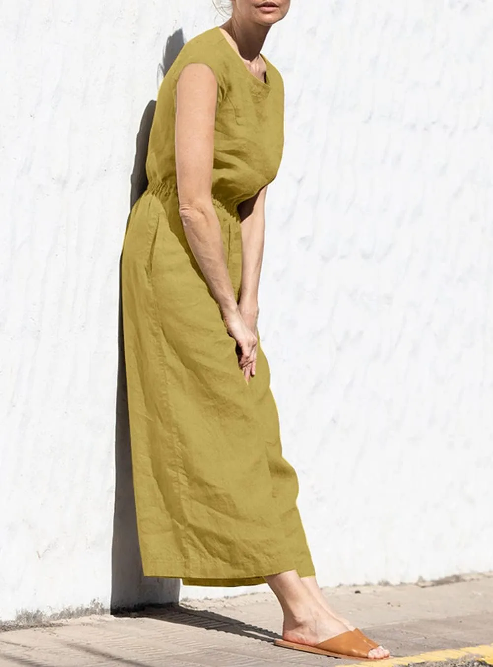 chouyatou Women's Elegant Sleeveless Linen Jumpsuits Casual Wide Leg Jumpsuit Pants Romper