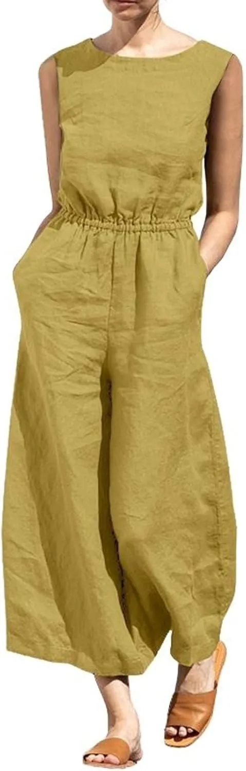 chouyatou Women's Elegant Sleeveless Linen Jumpsuits Casual Wide Leg Jumpsuit Pants Romper