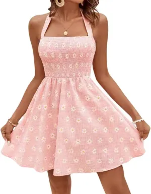 chouyatou Women's Retro Plaid Smocked Dress Sexy Halter Neck Daisy Floral Swing Beach Party Mini Dress