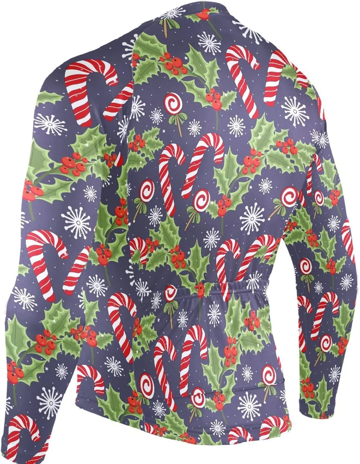 Christmas Crutch Candy Holly Berries Men's Cycling Jersey Moisture Wicking and Breathable Quick Dry with 3 Rear Pockets