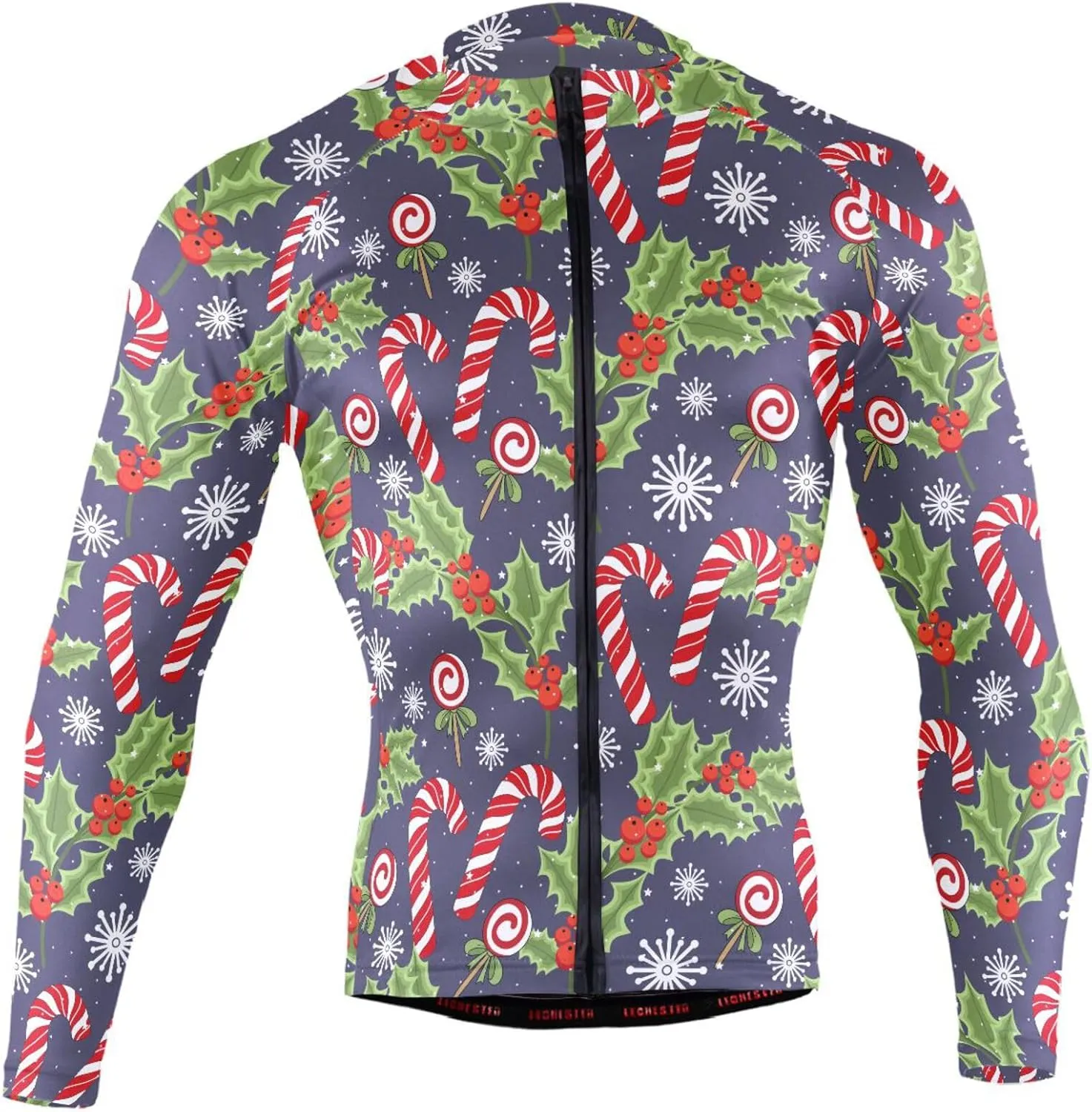 Christmas Crutch Candy Holly Berries Men's Cycling Jersey Moisture Wicking and Breathable Quick Dry with 3 Rear Pockets