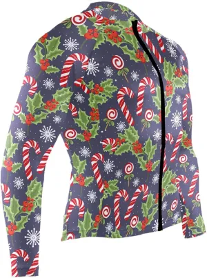Christmas Crutch Candy Holly Berries Men's Cycling Jersey Moisture Wicking and Breathable Quick Dry with 3 Rear Pockets