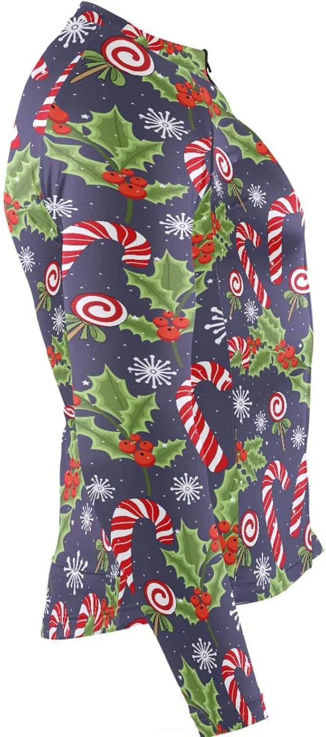 Christmas Crutch Candy Holly Berries Men's Cycling Jersey Moisture Wicking and Breathable Quick Dry with 3 Rear Pockets
