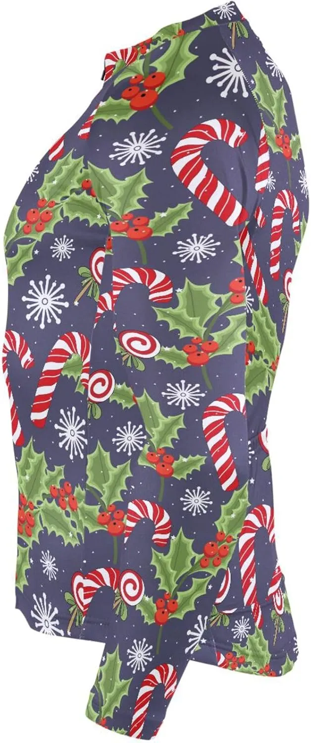 Christmas Crutch Candy Holly Berries Men's Cycling Jersey Moisture Wicking and Breathable Quick Dry with 3 Rear Pockets
