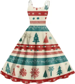 Christmas Dresses for Women 2024 Vintage Sleeveless Spaghetti Strap Dresses 1950s A-line Cocktail Midi Dress