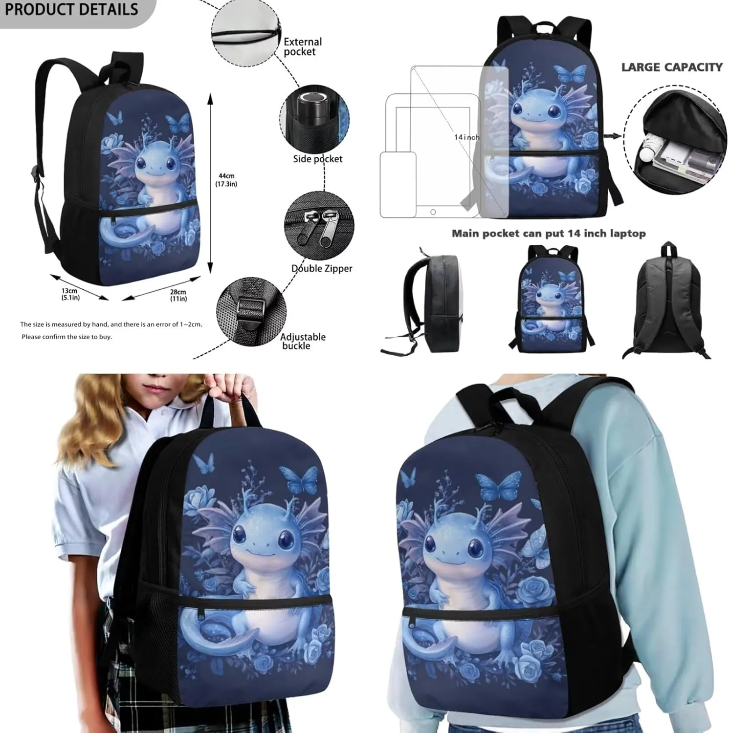 COEQINE Blue Axolotl Backpack for Girls with Lunch Box for Toddler Bookbag Set with Pencil Box School Bag Set with Lunchboxes for Kids Girls Breathable Lapotp for Teen 3 Pcs