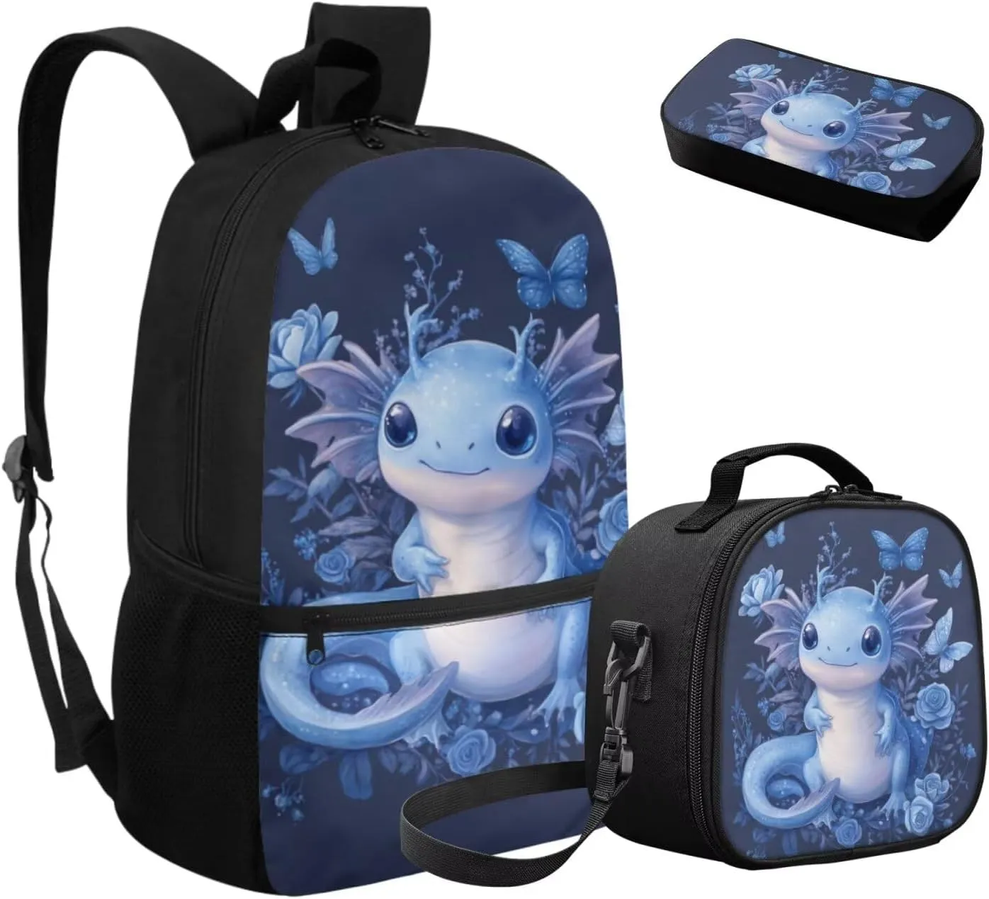 COEQINE Blue Axolotl Backpack for Girls with Lunch Box for Toddler Bookbag Set with Pencil Box School Bag Set with Lunchboxes for Kids Girls Breathable Lapotp for Teen 3 Pcs