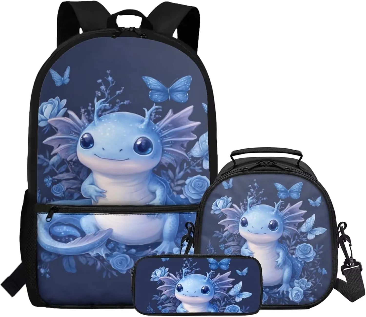 COEQINE Blue Axolotl Backpack for Girls with Lunch Box for Toddler Bookbag Set with Pencil Box School Bag Set with Lunchboxes for Kids Girls Breathable Lapotp for Teen 3 Pcs