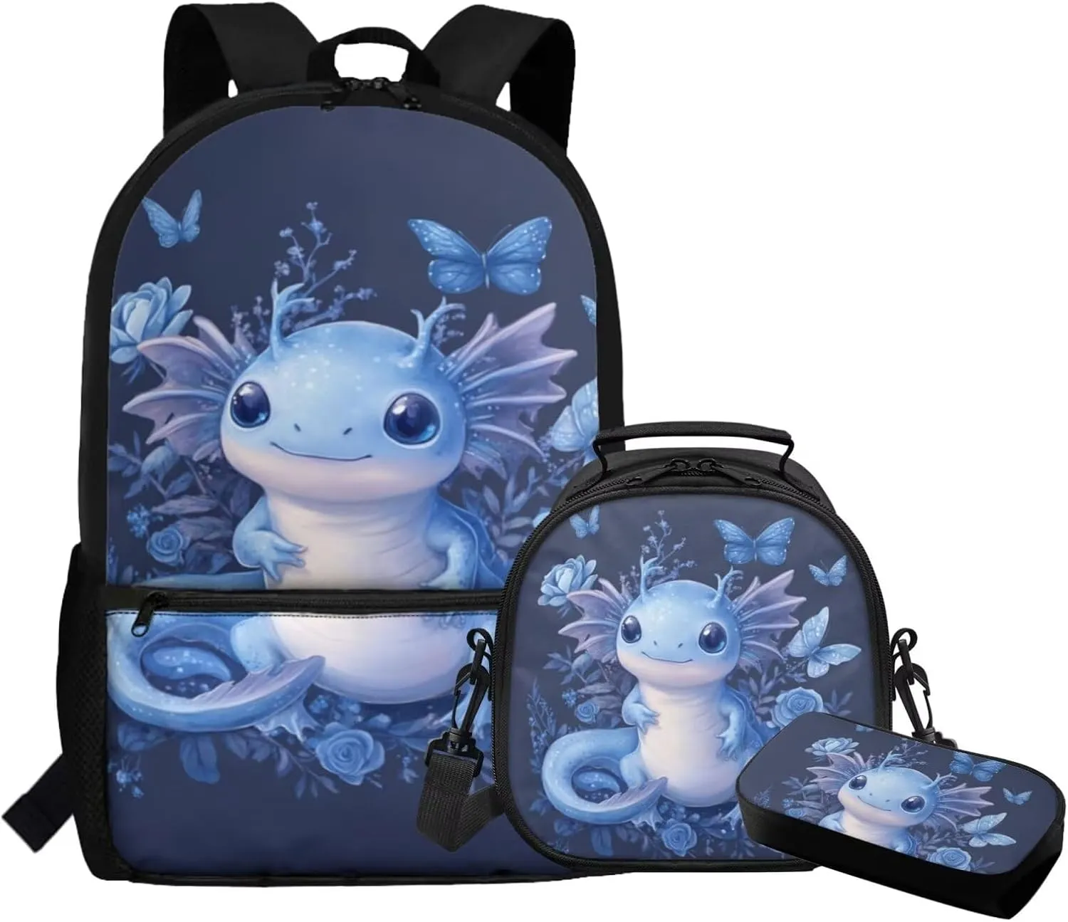 COEQINE Blue Axolotl Backpack for Girls with Lunch Box for Toddler Bookbag Set with Pencil Box School Bag Set with Lunchboxes for Kids Girls Breathable Lapotp for Teen 3 Pcs
