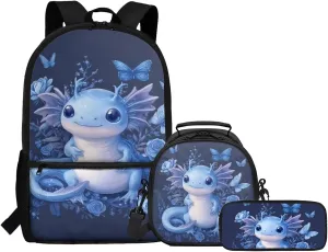 COEQINE Blue Axolotl Backpack for Girls with Lunch Box for Toddler Bookbag Set with Pencil Box School Bag Set with Lunchboxes for Kids Girls Breathable Lapotp for Teen 3 Pcs