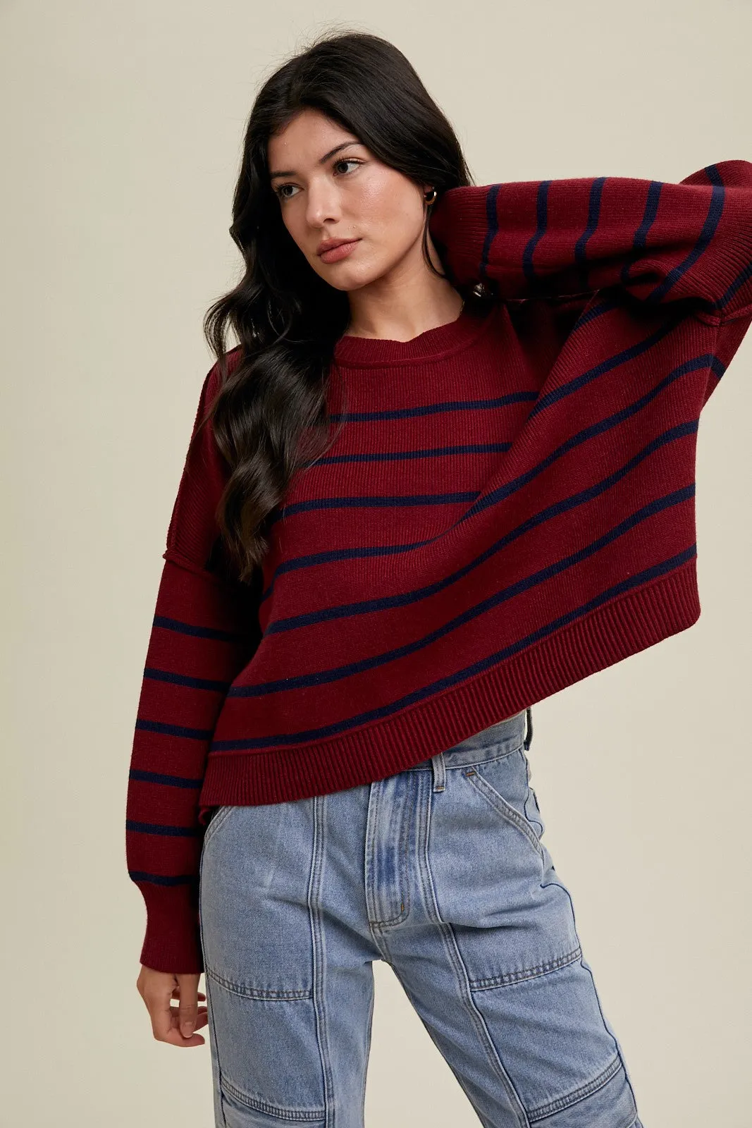 Constance Cropped Striped Sweater - Wine/Navy