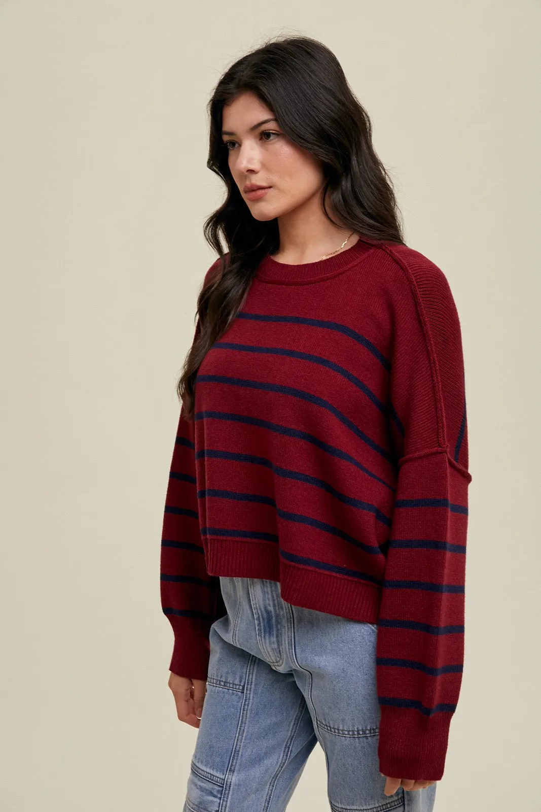 Constance Cropped Striped Sweater - Wine/Navy