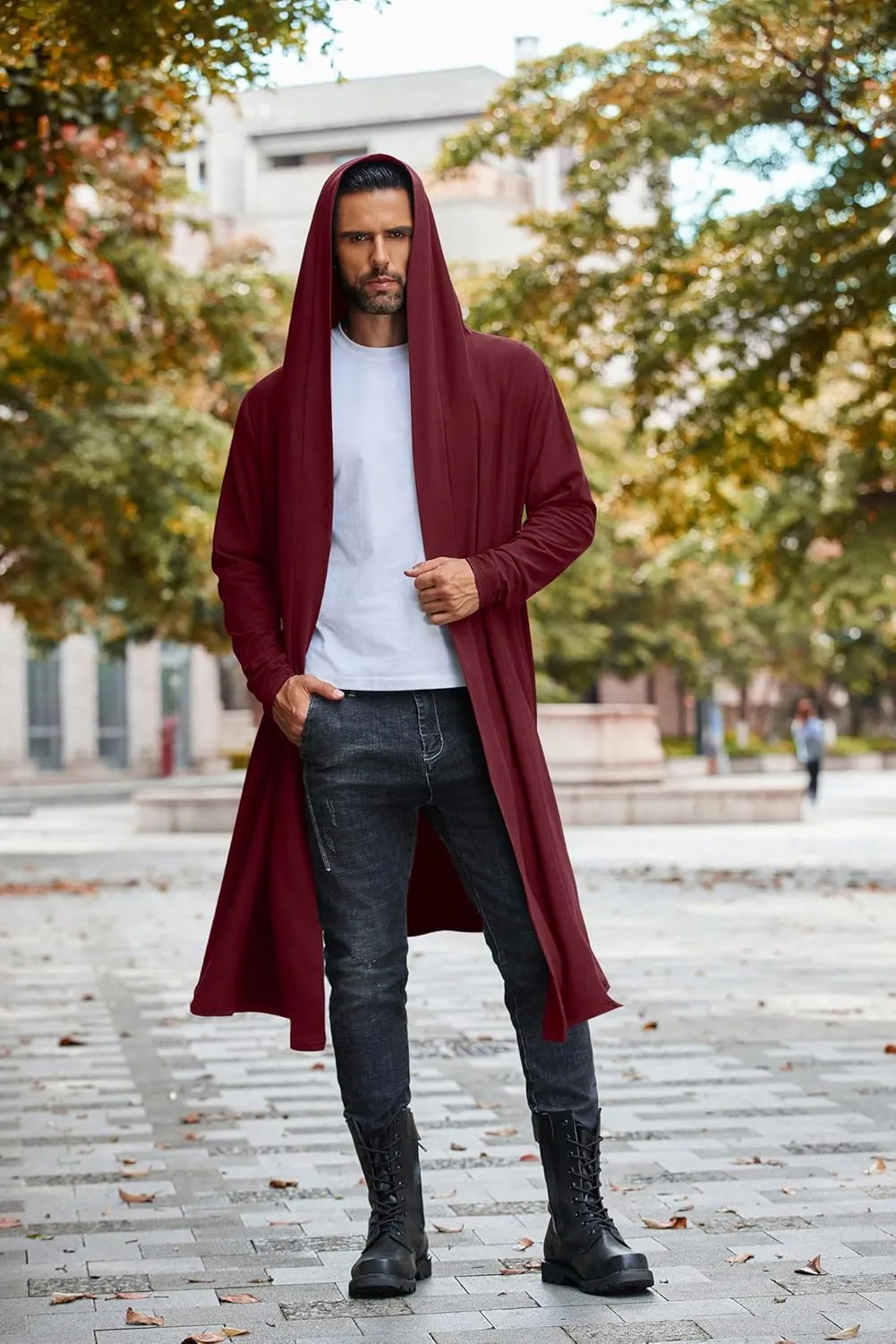 COOFANDY Long Hooded Cardigan Men Lightweight Cloak Costume Open Front Drape Cape Overcoat with Pockets
