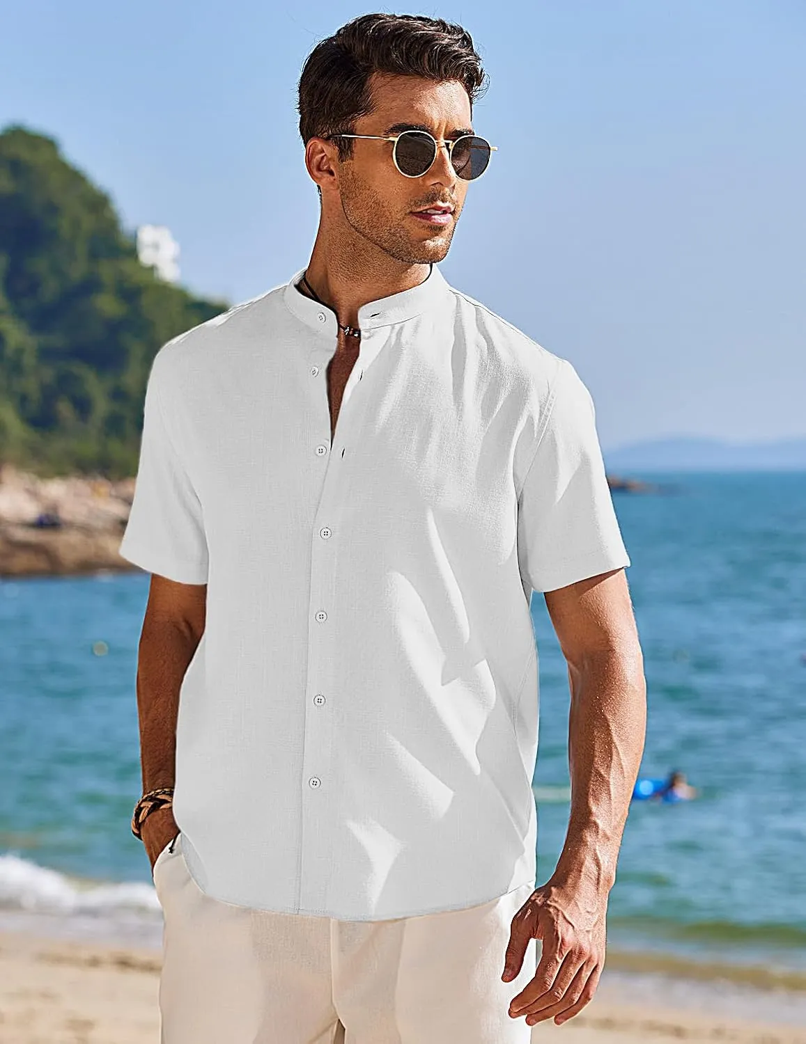 COOFANDY Men's Muscle Fit Dress Shirts Banded Collar Casual Button Down Shirts