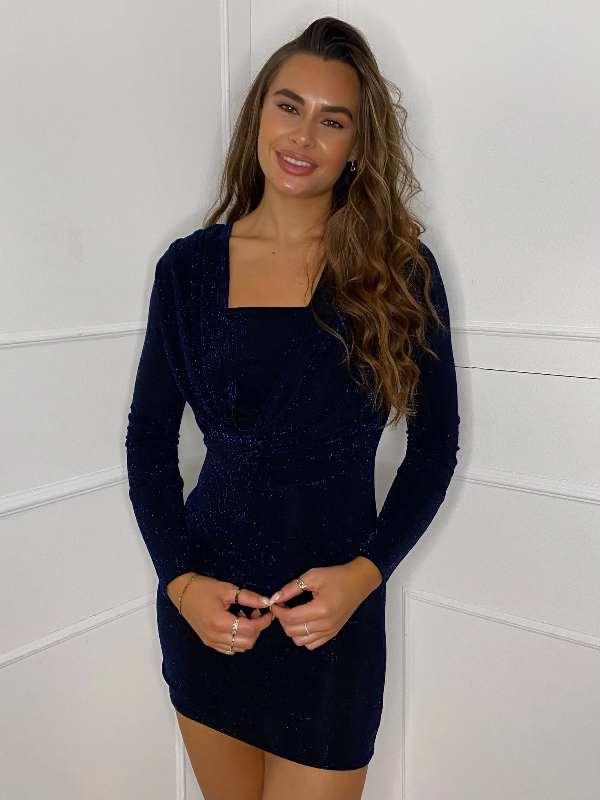 Cowl Neck Glitter Dress - Midnight Blue