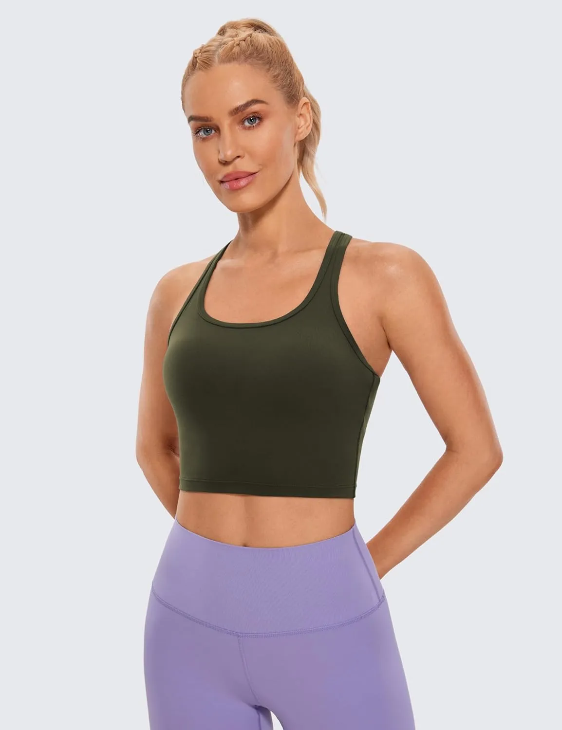 CRZ YOGA Butterluxe Womens Y-Back Racerback Longline Sports Bra - Padded Scoop Neck Workout Crop Tank Top with Built in Pads