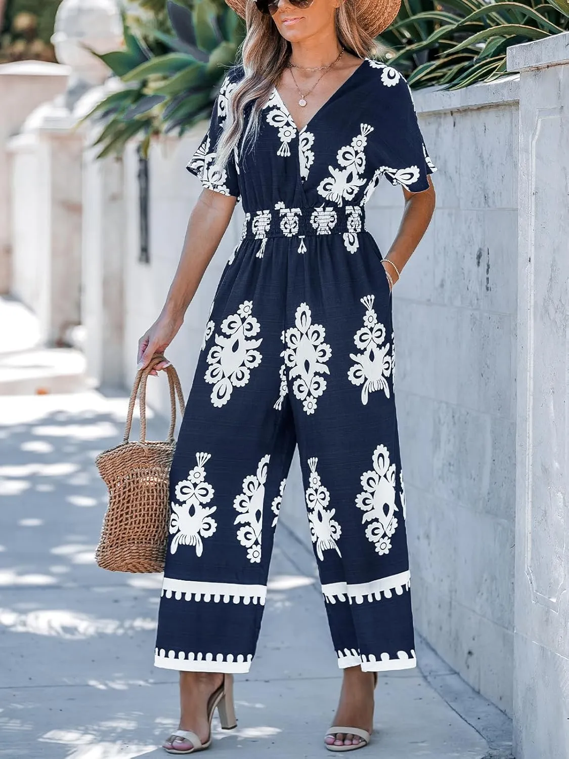 CUPSHE Women Paisley Summer Jumpsuits Beach Vacation V Neck Short Sleeve Smocked High Waist Wid Leg Jumpsuit with Pockets