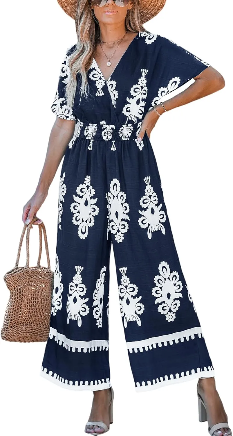 CUPSHE Women Paisley Summer Jumpsuits Beach Vacation V Neck Short Sleeve Smocked High Waist Wid Leg Jumpsuit with Pockets